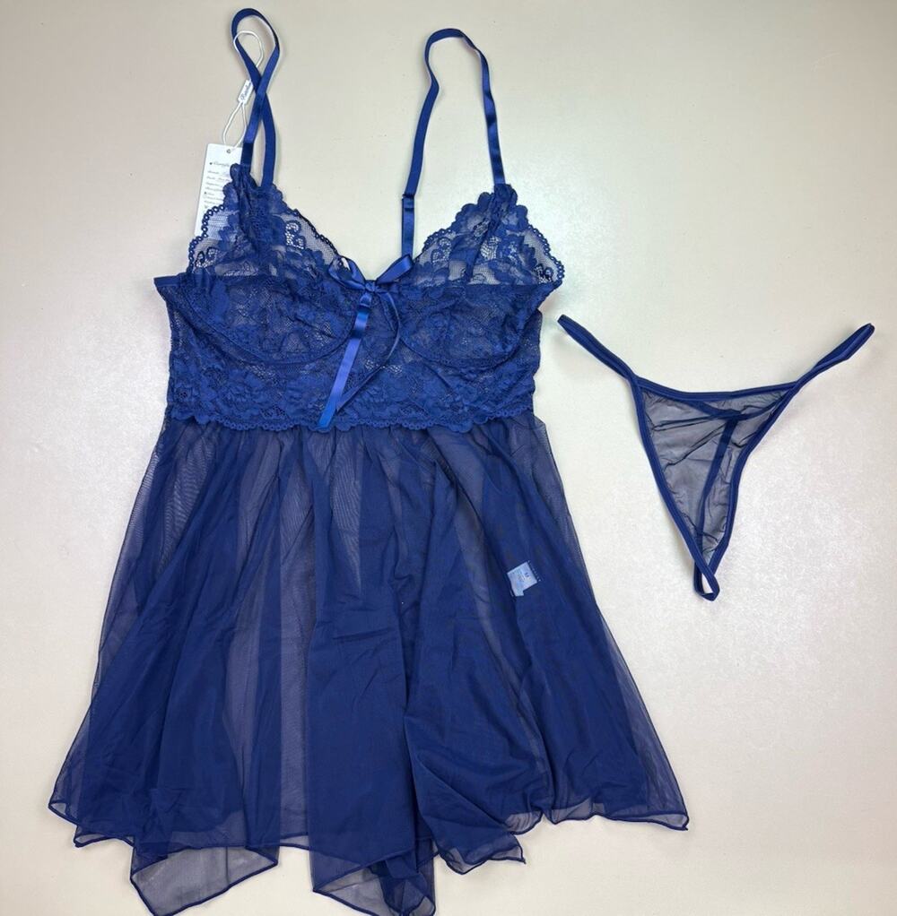 Ruzishun Lace Babydoll Lingerie Set Blue Mesh Chemise Thong NWT Medium